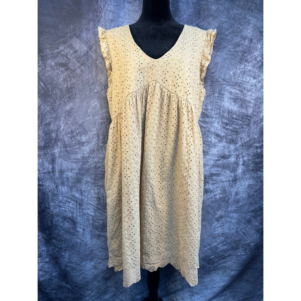 Knox Rose Eyelet Dress Womens Large Yellow Ruffle Sleeve Boho V-Neck Lined